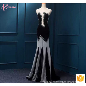 Suzhou Sehr reizvolles blaues schwarzes rotes Rhinestone-wulstiges 100% Baumwolllanges Meerjungfrau-Abschlussball-Kleid